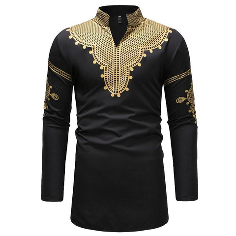 African Dashiki Print Dress Shirt Men + Classic V Neck Long Sleeve AlansiHouse 