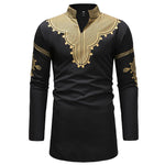 African Dashiki Print Dress Shirt Men + Classic V Neck Long Sleeve AlansiHouse Black M 