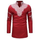 African Dashiki Print Dress Shirt Men + Classic V Neck Long Sleeve AlansiHouse Red M 