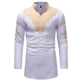African Dashiki Print Dress Shirt Men + Classic V Neck Long Sleeve AlansiHouse White M 