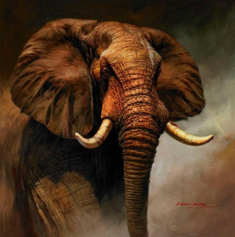 African Elephant Landscape Oil Painting on Canvas AlansiHouse 30x30 cm Unframed PC5002 