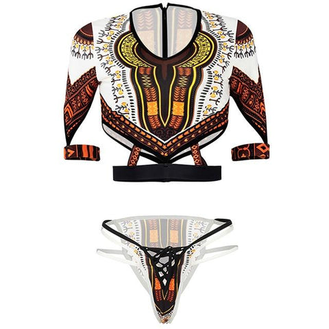 African Print Short Sleeve Bikini AlansiHouse B291White L 