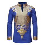 Black African Dashiki Print Shirt Men + Slim Fit Long Sleeve Shirt AlansiHouse royal blue S 