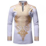 Black African Dashiki Print Shirt Men + Slim Fit Long Sleeve Shirt AlansiHouse white S 