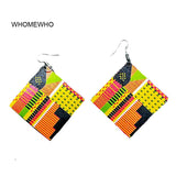 Colorful Natural Wood Square Geometric Painting Africa Tribal Earrings AlansiHouse 