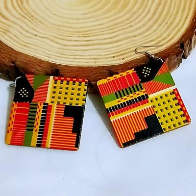 Colorful Natural Wood Square Geometric Painting Africa Tribal Earrings AlansiHouse MULTI 3 PAIRS 