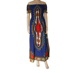 Dashikiage 100% Cotton Vintage Dashiki Long Dress with Petal Sleeve AlansiHouse blue One Size 