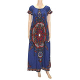 Dashikiage 100% Cotton Vintage Dashiki Long Dress with Petal Sleeve AlansiHouse Xblue One Size 