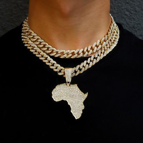 Fashion Crystal Africa Map Pendant Necklace For Women Men's Hip Hop Accessories Jewelry Necklace Choker Cuban Link Chain Gift AlansiHouse 