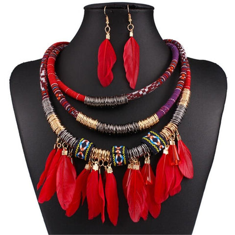 Feather Jewelry Set with Ethnic Gold Multilayer Tassel AlansiHouse 