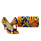 Kente Pattern High Heel Wax Fabric Shoes + Purse Set AlansiHouse black set 11 