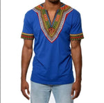 Men's African Print White Short Sleeve Shirt (Slim Fit) AlansiHouse blue M 