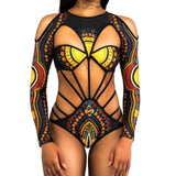 Women's African Print Swimsuit (One Piece) AlansiHouse long sleeve black S 