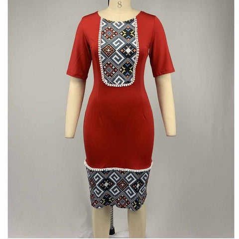 Women's Dashiki Print Short Sleeve Dress AlansiHouse Red XL 