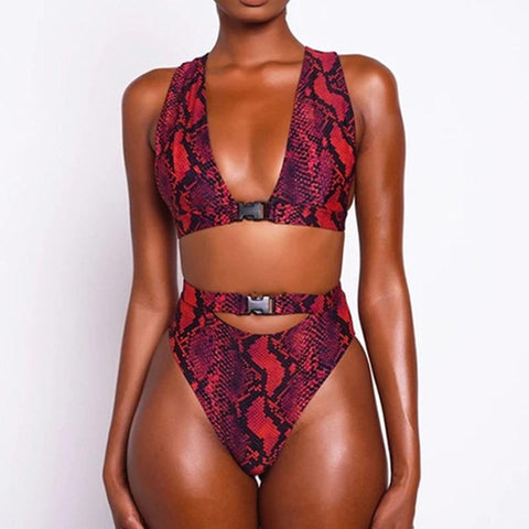 Women's High Waist Red Snake Print Bikini AlansiHouse 
